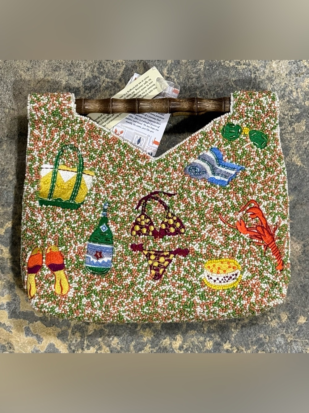 Handcrafted in India Beaded Bag Going To The Beach Bamboo Handles - NWT